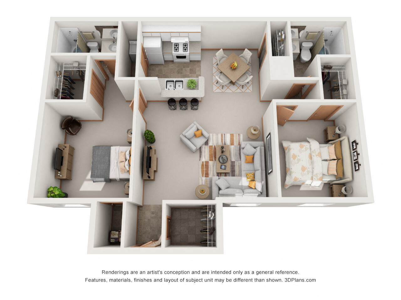 Floor plan for 2 beds, 2 baths, 957 sqft